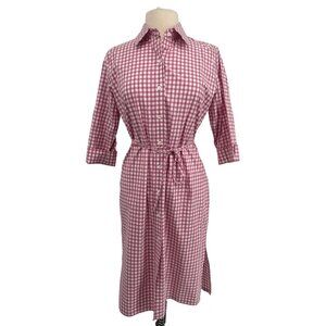 Summer Picnic Pink Gingham Shirt Dress 3/4 Sleeve Button-Front Belt